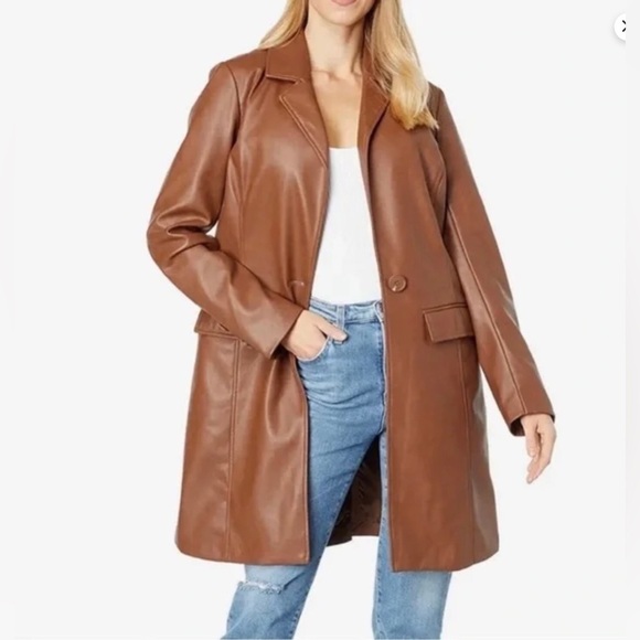 With The Girls By Avec Les Filles Brown Faux Leather Vegan Trench Coat Size M - Picture 1 of 8